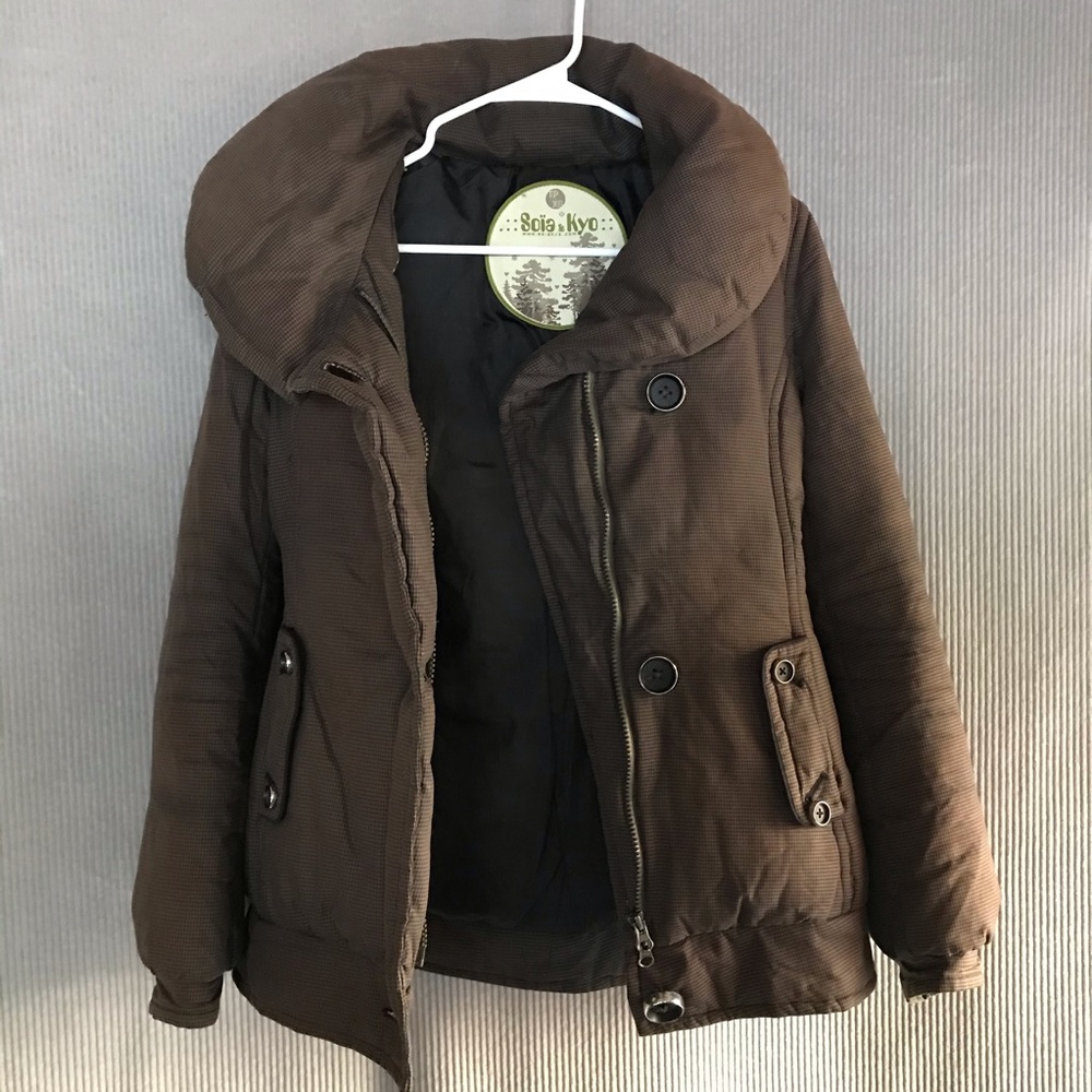 SOIA & KYO down puffer coat brown houndstooth XS - Picture 2 of 15